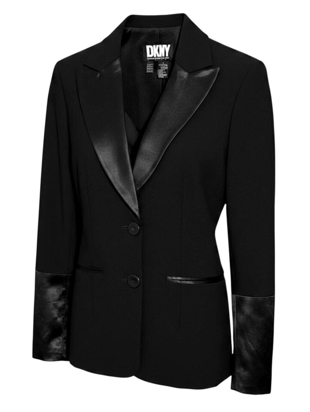 DKNY Womens 4 Black Wool Stretch 2-Button Tux Blazer Jacket w/ Faux Leather Cuff